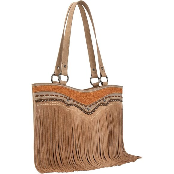 Elegant Tan Vegan Leather Western Tote Bag & Wallet Set with Fringe Detail - Picture 3 of 6